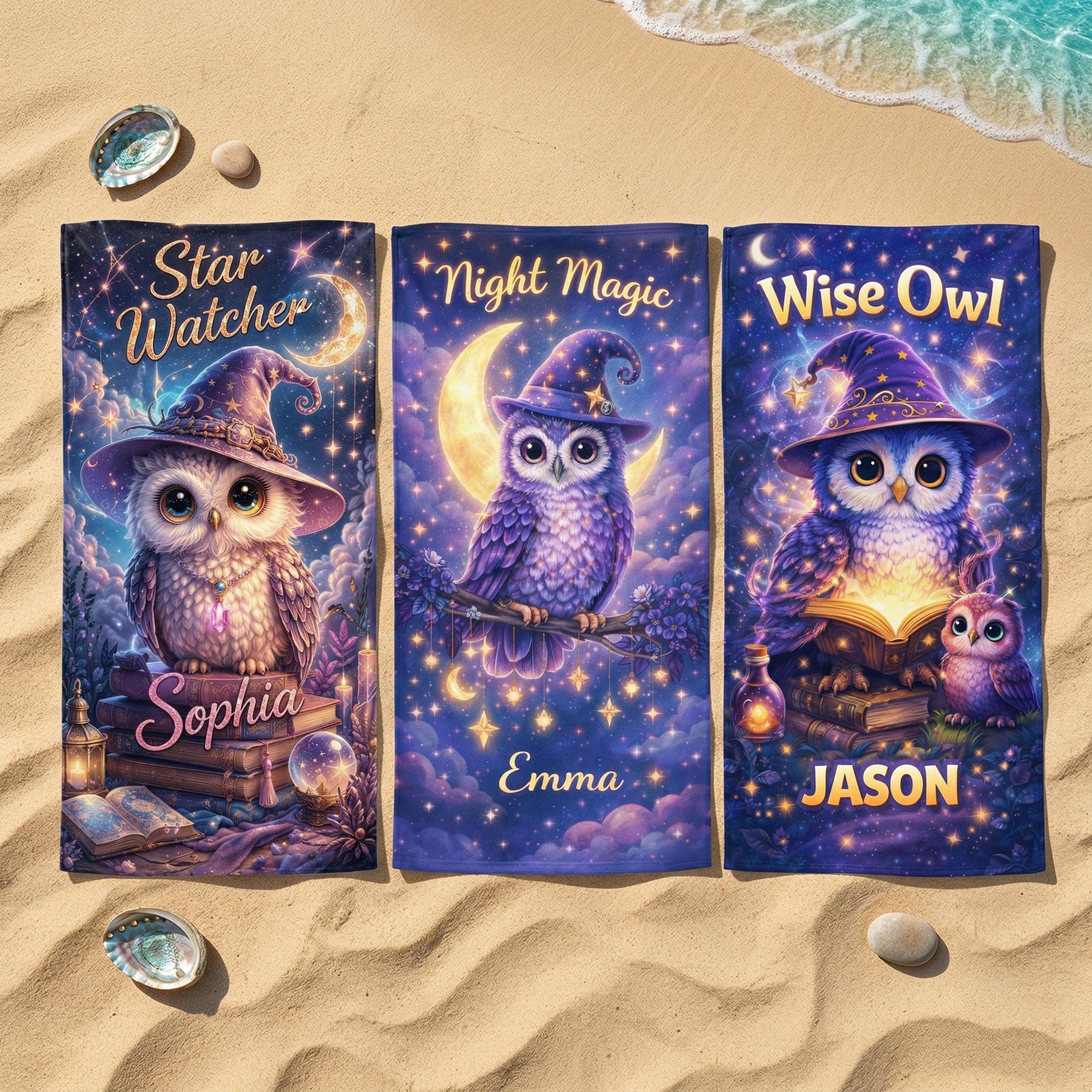 Personalized Owl Beach Towel Custom Name Kids Towel Magic Night Owl Gift Starry Sky Bath Towel Cute 