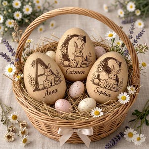 May include: A woven basket filled with decorative Easter eggs. Three large wooden eggs are engraved with letters, names, and a bunny illustration. Smaller speckled eggs and straw fill the basket, surrounded by flowers.
