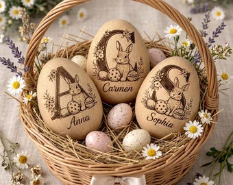 Personalized Wooden Easter Egg Shaker, Custom Initial Bunny Egg with Name, Floral Engraved Baby First Easter Gift 2026 Natural Wood Keepsake