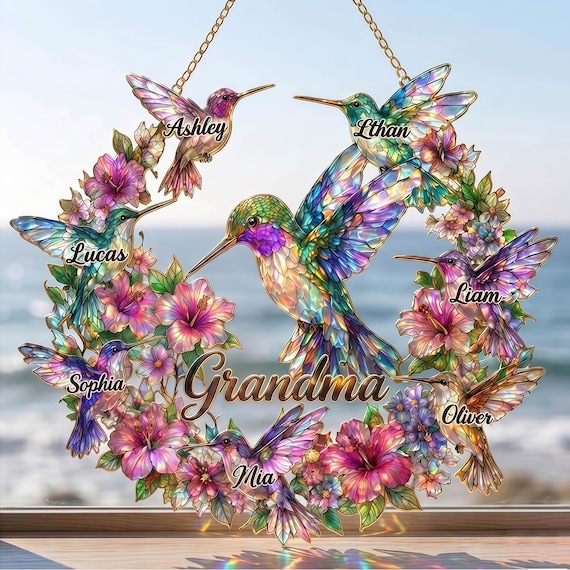 Personalized Hummingbird Family Suncatcher, Custom Grandma Gift with Kids Names, Acrylic Stained Glass Window Hanging, Mother’s Day Gift