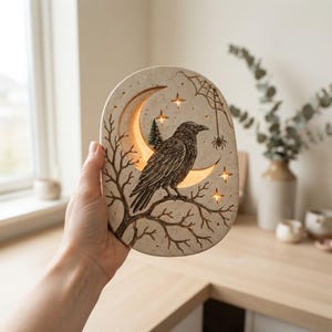 May include: An oval-shaped ceramic wall plaque featuring a black raven perched on a bare tree branch. The design includes a cutout crescent moon, a small pine tree, a spider web with a spider, and star-shaped cutouts that emit a warm light.