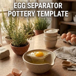 May include: A speckled ceramic egg separator with a yolk in the center, surrounded by egg whites. The image also shows a stack of small bowls, a carton of eggs, and potted plants. The text "EGG SEPARATOR POTTERY TEMPLATE" is at the top.