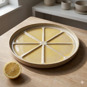 Può includere: Un vassoio da portata rotondo in ceramica con finitura beige maculata e otto scomparti a forma di spicchio riempiti con uno smalto giallo lucido. Il vassoio presenta un bordo rialzato e divisori disposti a raggiera, accompagnato da un limone.