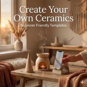 Puede incluir: Una mesa de madera rústica exhibe objetos de cerámica, incluyendo un portavelas, un objeto en forma de cono y un soporte para teléfono. El texto "Create Your Own Ceramics" y "Beginner Friendly Templates" es visible. Un jarrón con flores secas está en el fondo.
