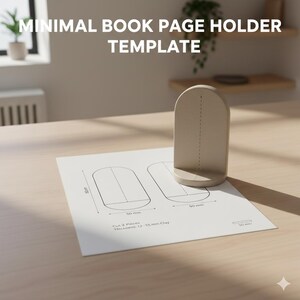 Puede incluir: Una plantilla beige para sujetar páginas de libros con el texto "MINIMAL BOOK PAGE HOLDER TEMPLATE". La plantilla incluye una medida de 5 cm y un diagrama para cortar dos piezas de arcilla de 12-15 mm de grosor. El soporte está sobre una superficie de madera.