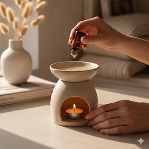 Può includere: Un diffusore di oli essenziali in ceramica beige con una candela accesa all'interno. Una mano aggiunge olio da una piccola bottiglia marrone nella ciotola superiore del diffusore. Un vaso bianco con fiori secchi è sullo sfondo.