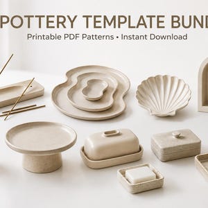 May include: A collection of ten pottery templates in a neutral beige color. The set includes plates, dishes, a butter dish, a soap dish, and an incense holder. The text "10 POTTERY TEMPLATE BUNDLE" is at the top of the image.