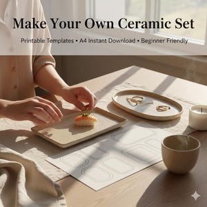 May include: A ceramic set with the text "Make Your Own Ceramic Set". The set includes printable templates, an A4 instant download, and is beginner-friendly. The image shows a rectangular plate with sushi, an oval plate with jewelry, and a small cup.