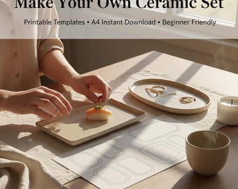 Zestaw szablonów do ceramicznego zestawu do serwowania, ceramika do druku, wzór na tacę do sushi w formacie PDF