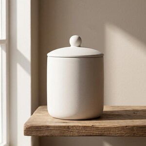 Può includere: Un contenitore cilindrico in ceramica color bianco sporco con una finitura opaca liscia e un coperchio abbinato dotato di una piccola maniglia a pomello sferica sulla parte superiore. Il barattolo ha lati verticali dritti e base.