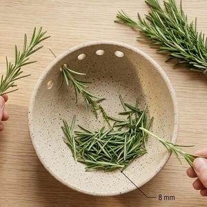 May include: A speckled ceramic herb stripper bowl with rosemary sprigs. The bowl is approximately 5.5 inches in diameter and has several holes. The text "STRIP HERBS IN SECONDS" is at the top. Rosemary leaves are inside the bowl.