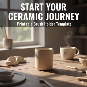 Puede incluir: Un portacepillos de cerámica beige claro y una taza humeante sobre una mesa de madera. El texto "START YOUR CERAMIC JOURNEY" y "Printable Brush Holder Template" están presentes. Otros objetos de cerámica también son visibles.