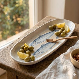 Könnte beinhalten: Eine längliche, gesprenkelte Keramik-Servierplatte mit zwei blauen Fischillustrationen. Die Platte ist mit grünen Oliven und Zitronenspalten angerichtet, begleitet von einer hellen Holzgabel, die auf der Oberfläche des Geschirrs liegt.