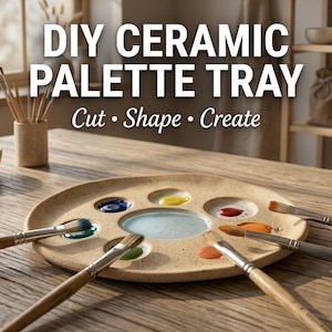 Puede incluir: Una paleta de cerámica con pintura y pinceles. La paleta beige tiene pozos circulares llenos de pintura de colores. El texto "DIY CERAMIC PALETTE TRAY" está en la parte superior, con "Cut • Shape • Create" debajo.
