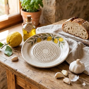 May include: A round ceramic garlic grater plate with a speckled cream finish and a hand-painted lemon and leaf motif along the rim. The centre features a raised, textured surface for grating. A small tag attached to a nearby oil bottle reads Garlic Grater Plate.