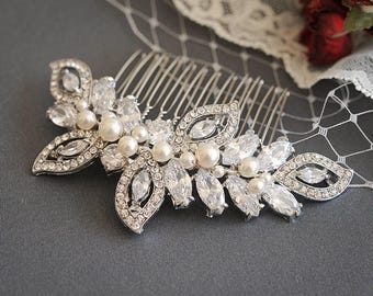 Crystal Bridal Hair Comb, Swarovski Pearl Cluster Wedding Hair Comb, Leaf Bridal Hairpiece, Vintage Style Rhinestone Hair Clip, AUGUSTINA