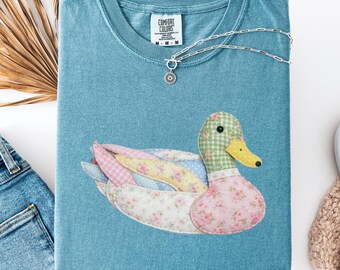 Comfort Colors® Patchwork Duck Shirt, Floral Applique Duck Graphic Tee, Cottagecore Duck Shirt, Cute Duck Lover Gift, Fabric Applique Shirt
