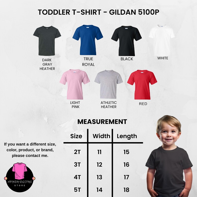 May include: A product image showcasing a variety of toddler t-shirts in different colors, including dark gray, royal blue, black, and white. The image also displays a size chart with measurements in inches and the text "TODDLER T-SHIRT - GILDAN 5100P".
