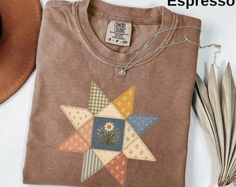 Quilt Star Patchwork Tee | Cottagecore Comfort Colors Shirt | Boho Quilt Graphic Top | Vintage Quilt Star Shirt | Aesthetic Floral Tee