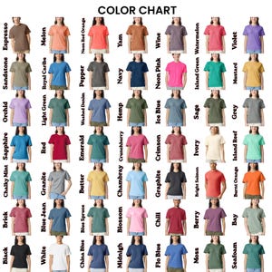 May include: A color chart featuring a grid of short-sleeved t-shirts in various shades, each labeled with its corresponding color name including Espresso, Melon, Neon Red Orange, Yam, Wine, Watermelon, Violet, Sandstone, Royal Caribe, Pepper, Navy, Neon Pink, Island Green, Mustard, Orchid, Light Green, Washed Denim, Hemp, Ice Blue, Sage, Grey, Sapphire, Red, Emerald, Crunchberry, Crimson, Ivory, Island Reef, Chalky Mint, Granite, Butter, Chambray, Graphite, Bright Salmon, Burnt Orange, Brick, Blue Jean, Blue Spruce, Blossom, Chili, Berry, Bay, Black, White, China Blue, Midnight, Flo Blue, Moss, and Seafoam.