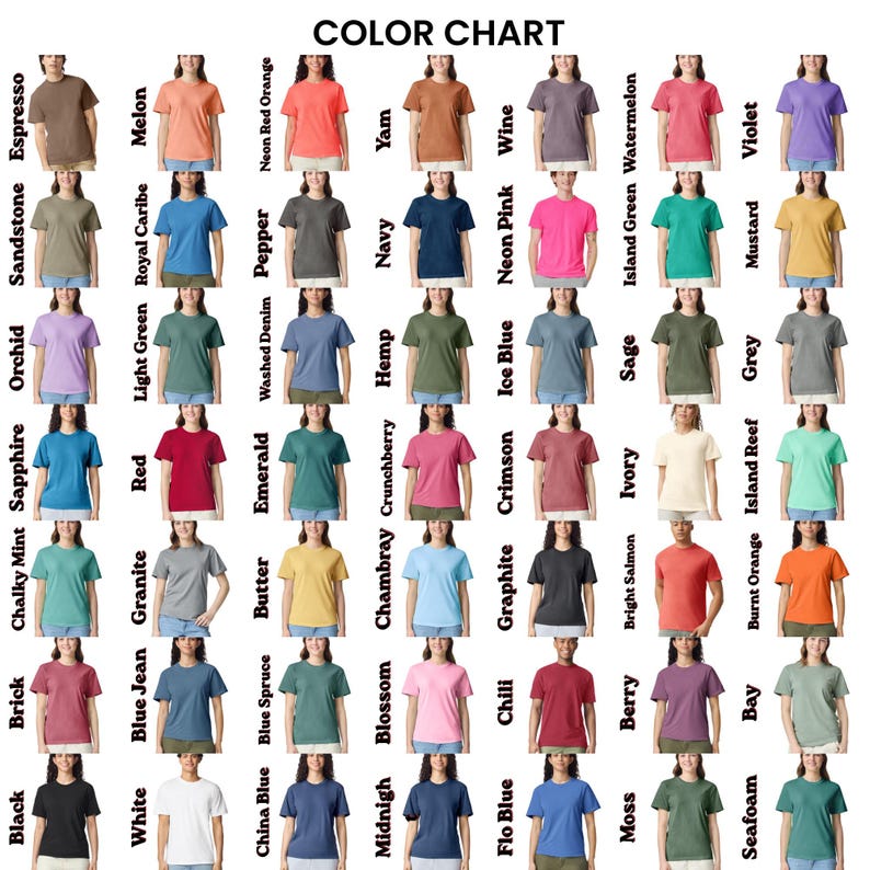 May include: A color chart featuring a grid of short-sleeved t-shirts in various shades, each labeled with its corresponding color name including Espresso, Melon, Neon Red Orange, Yam, Wine, Watermelon, Violet, Sandstone, Royal Caribe, Pepper, Navy, Neon Pink, Island Green, Mustard, Orchid, Light Green, Washed Denim, Hemp, Ice Blue, Sage, Grey, Sapphire, Red, Emerald, Crunchberry, Crimson, Ivory, Island Reef, Chalky Mint, Granite, Butter, Chambray, Graphite, Bright Salmon, Burnt Orange, Brick, Blue Jean, Blue Spruce, Blossom, Chili, Berry, Bay, Black, White, China Blue, Midnight, Flo Blue, Moss, and Seafoam.