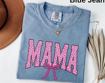 Comfort Colors® Mama Shirt, Coquette Mama Tee, Pink Leopard Mama Shirt, Bow Mom Shirt, Cute Mother's Day Gift Graphic Tee