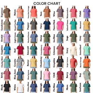 May include: A color chart featuring a grid of short-sleeved t-shirts in various shades, each labeled with its corresponding color name including Espresso, Melon, Neon Red Orange, Yam, Wine, Watermelon, Violet, Sandstone, Royal Caribe, Pepper, Navy, Neon Pink, Island Green, Mustard, Orchid, Light Green, Washed Denim, Hemp, Ice Blue, Sage, Grey, Sapphire, Red, Emerald, Crunchberry, Crimson, Ivory, Island Reef, Chalky Mint, Granite, Butter, Chambray, Graphite, Bright Salmon, Burnt Orange, Brick, Blue Jean, Blue Spruce, Blossom, Chili, Berry, Bay, Black, White, China Blue, Midnight, Flo Blue, Moss, and Seafoam.
