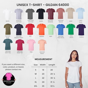 May include: A product display featuring a variety of Gildan 64000 unisex t-shirts in various colors, including white, black, red, and pink. The image also includes a size chart with measurements in inches and a store logo.