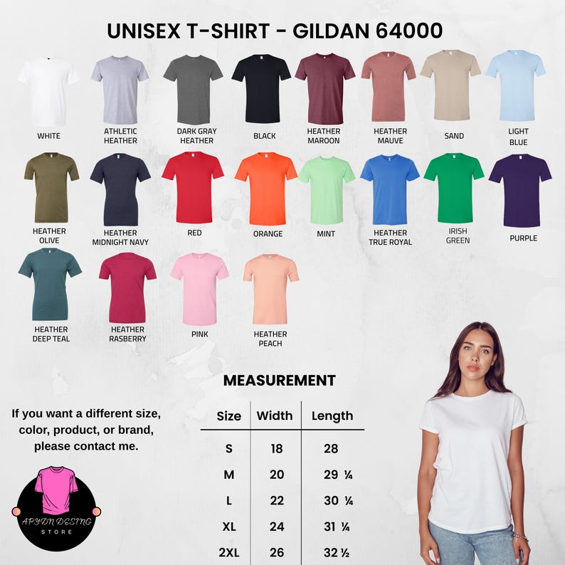 May include: A product display featuring a variety of Gildan 64000 unisex t-shirts in various colors, including white, black, red, and pink. The image also includes a size chart with measurements in inches and a store logo.