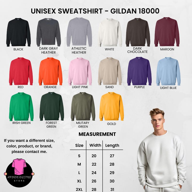 May include: A display of Gildan 18000 unisex sweatshirts in various colors, including black, red, and gold. The image also shows a size chart with measurements in inches. The text "UNISEX SWEATSHIRT - GILDAN 18000" is at the top.