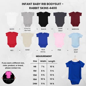 May include: Infant baby rib bodysuits in various colors, including white, black, and red. The image displays a size chart with measurements in inches. The text reads "INFANT BABY RIB BODYSUIT - RABBIT SKINS 4400".