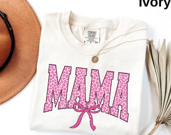 Comfort Colors® Mama Shirt, Coquette Mama Tee, Pink Leopard Mama Shirt, Bow Mom Shirt, Cute Mother's Day Gift Graphic Tee