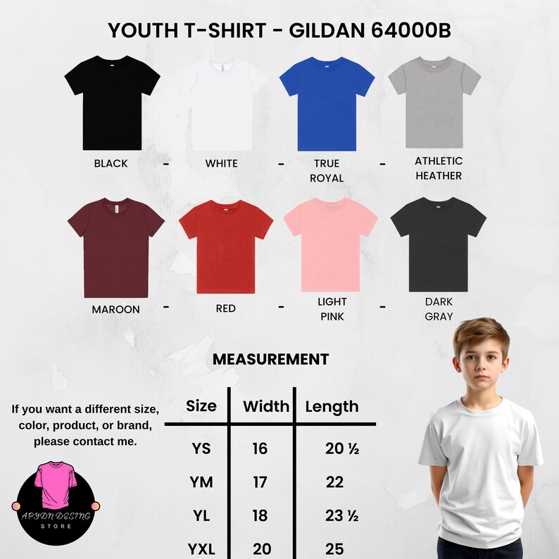 May include: A display of youth t-shirts in various colors, including black, white, royal blue, and maroon. The image includes a measurement chart with sizes ranging from YS to YXL, with widths from 16 to 20 inches and lengths from 20.5 to 25 inches. The text "YOUTH T-SHIRT - GILDAN 64000B" is at the top.