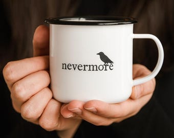 Nevermore Raven Enamel Coffee Mug – Minimalist Edgar Allan Poe Inspired Drinkware