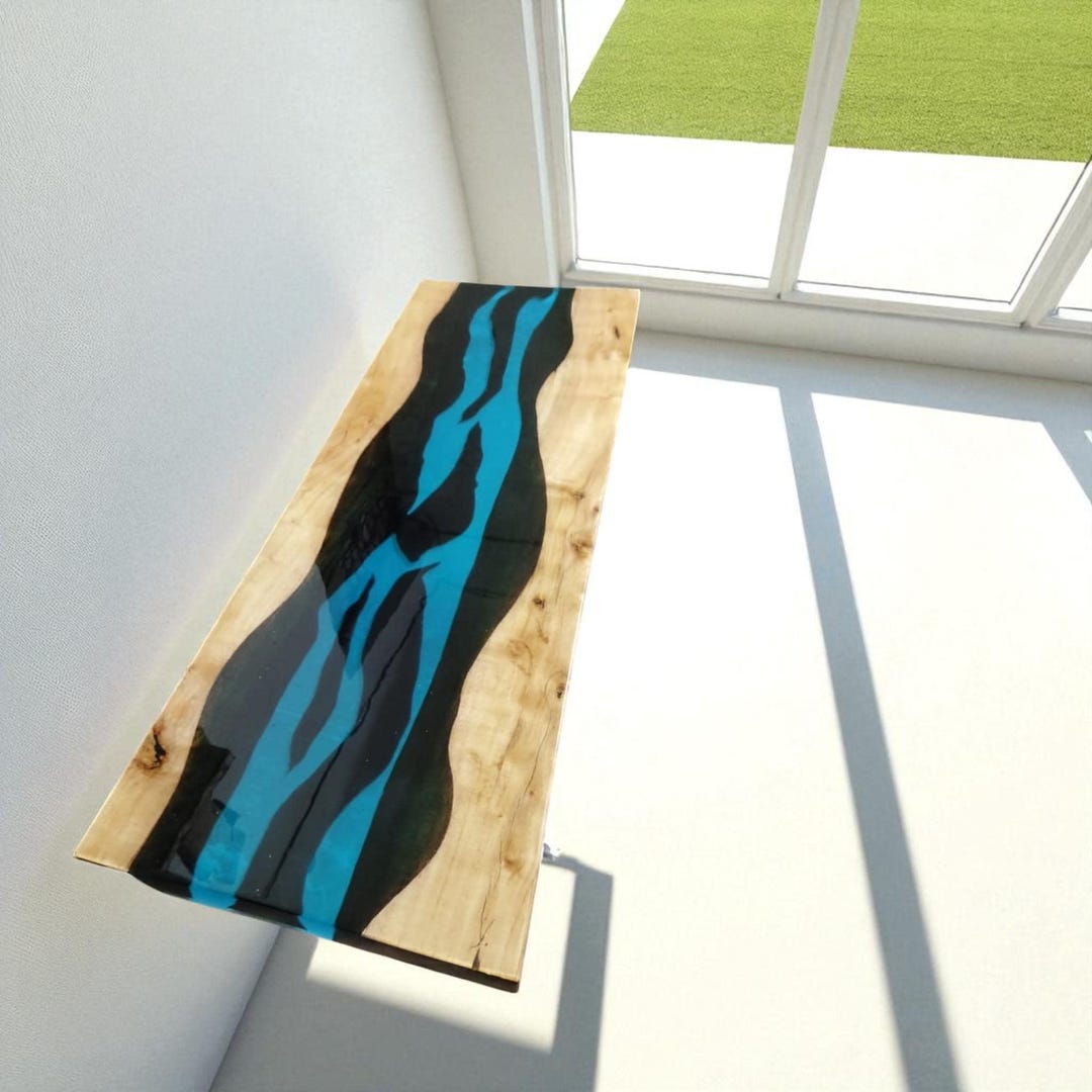 Artistic Live Edge Table | Wooden Narrow Console Table With Blue Epoxy ...