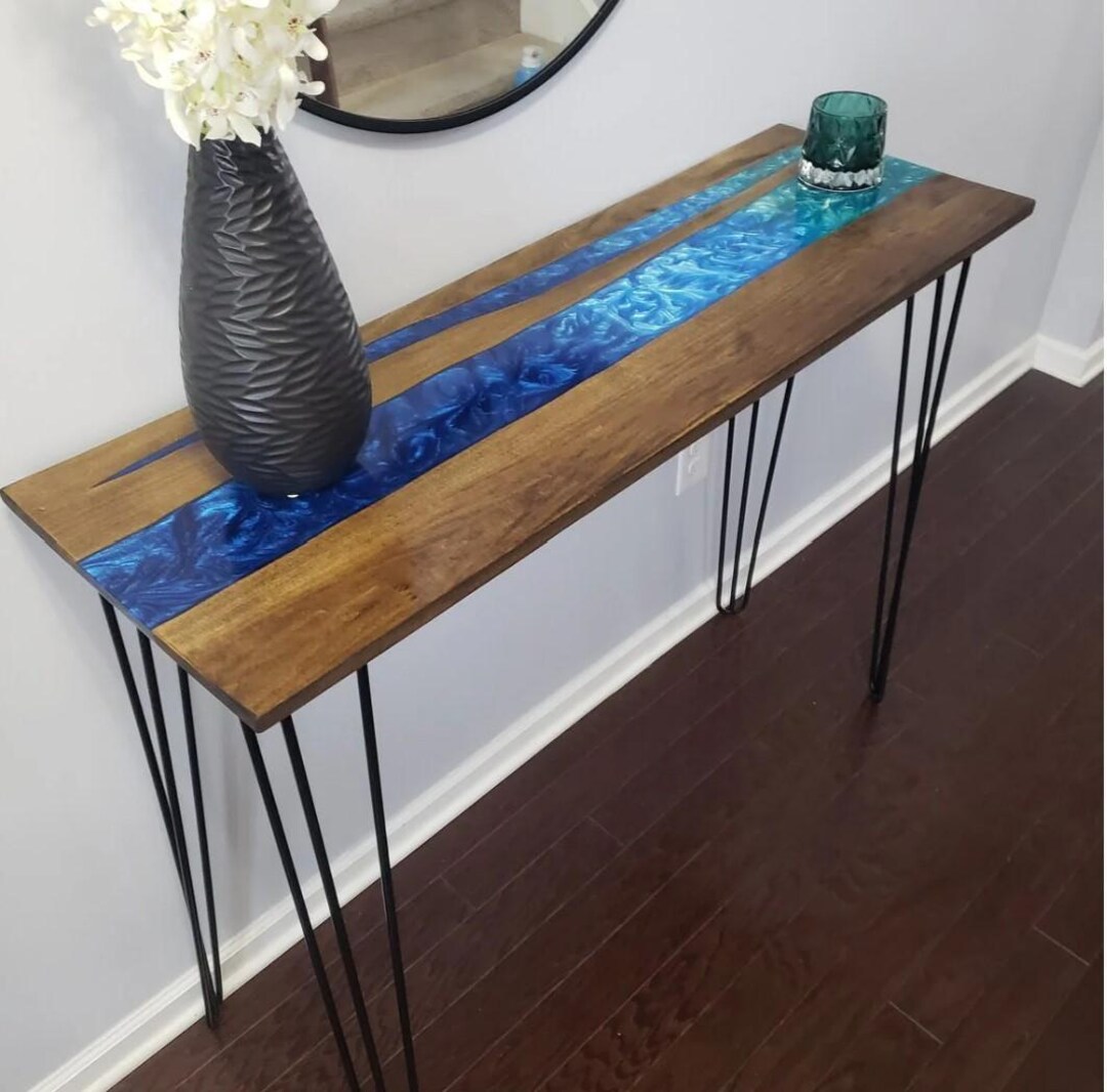 Epoxy Resin Console Table, Live Edge Wood Narrow Entryway Table, Blue ...