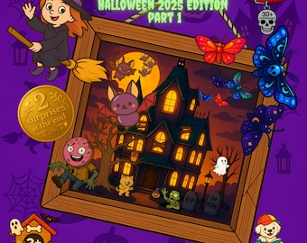 Puede incluir: Portada de libro para colorear con temática de Halloween con una ilustración de una casa embrujada, con una bruja, murciélagos y varios personajes espeluznantes. El texto dice "Beni's Coloring Book Halloween 2025 Edition Part 1". Incluye una moneda de oro con "2 sorpresas al final".
