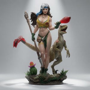 May include: A detailed figurine of a character with dark hair and a white streak, wearing a yellow crop top and green loincloth. The figure holds a wooden spear and a red textured food item, standing beside a small dinosaur on a rocky base with a cactus.