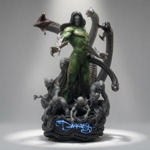 May include: A detailed collectible statue featuring a central green-skinned figure with long dark hair, surrounded by multiple dark, serpentine tentacles and several small, grey, sharp-toothed creatures. The base displays the text The Darkness.