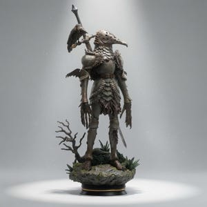 May include: A detailed figurine of a knight wearing bird-like armor with a pointed beak helmet, scale-patterned chest plate, and long, clawed hands. A raven perches on a tall spear held by the figure, which stands on a rocky, mossy base.