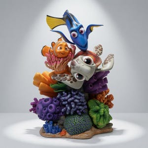May include: A decorative figurine featuring a blue tang fish, an orange clownfish, and a sea turtle resting on a colorful coral reef base. The sculpture displays detailed textures of purple, green, orange, and blue coral structures with aquatic characters.