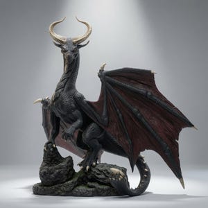Puede incluir: Una figura de dragón detallada con un cuerpo negro texturizado, grandes cuernos curvos y alas extensas con membranas de color rojo oscuro. La criatura se alza sobre una base de roca oscura y escarpada, mostrando garras afiladas y una cola larga.