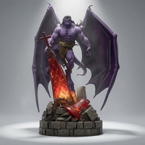 Puede incluir: Una figura de gárgola morada musculosa con alas grandes, sobre una base de piedra. La figura lleva un cinturón y un taparrabos marrón, y está junto a una aguja alta, translúcida y brillante de color naranja, rematada con una cruz y una campana.
