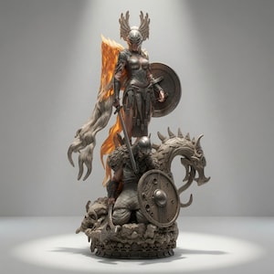 Peut inclure: Une sculpture détaillée représentant un guerrier ailé en armure métallique debout au-dessus d'un combattant agenouillé avec un bouclier et une hache. La figure debout porte un casque ailé et tient une épée, tandis que des flammes orange translucides s'élèvent.