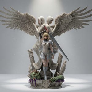 May include: A detailed figurine featuring a central warrior figure in silver armor holding a large sword, positioned in front of a large stone-textured statue with two sets of expansive wings. The base includes broken stone pillars and green monster parts.