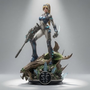 Puede incluir: Una figura coleccionable detallada de un personaje rubio con armadura futurista azul y blanca, sosteniendo un rifle largo. El personaje se apoya sobre una base con una cabeza de criatura texturizada, calaveras y cristales azules con un logo.