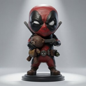 Puede incluir: Una figura estilizada de un personaje con traje rojo y negro y máscara, que sostiene un oso de peluche marrón en una mano y una pistola gris en la otra. La figura presenta dos espadas en la espalda y un cinturón de herramientas con granada.