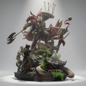 Puede incluir: Una estatua coleccionable detallada titulada Medieval Spawn que muestra a un guerrero blindado con capa roja empuñando un hacha y un escudo. La base incluye calaveras, una cabeza de criatura verde con ojos rojos y figuras en combate.