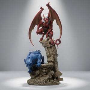 Op de afbeelding: Een gedetailleerd verzamelbeeldje met een rode gevleugelde demon bovenop een verweerde stenen pilaar, terwijl een blauw, op een waterspuwer lijkend wezen hurkt op een lagere stenen basis versierd met gebeeldhouwde gezichten.