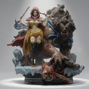 May include: A detailed figurine featuring a figure in a red hooded cloak holding a sword, standing beside a large, muscular, brown-furred beast with glowing blue eyes. A fallen figure lies on the base beneath the beast's hand on a rocky surface.